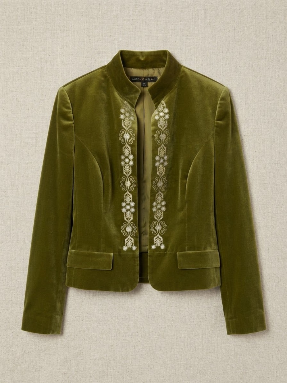 Antonio Melani Olive Green Velvet Embroidered Blazer / Jacket - Size M